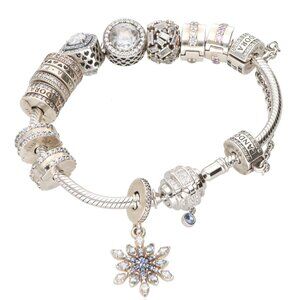 Pandora Sterling Silver 7″ Snake Chain Bracelet 10 Charm Complete + Safety Chain